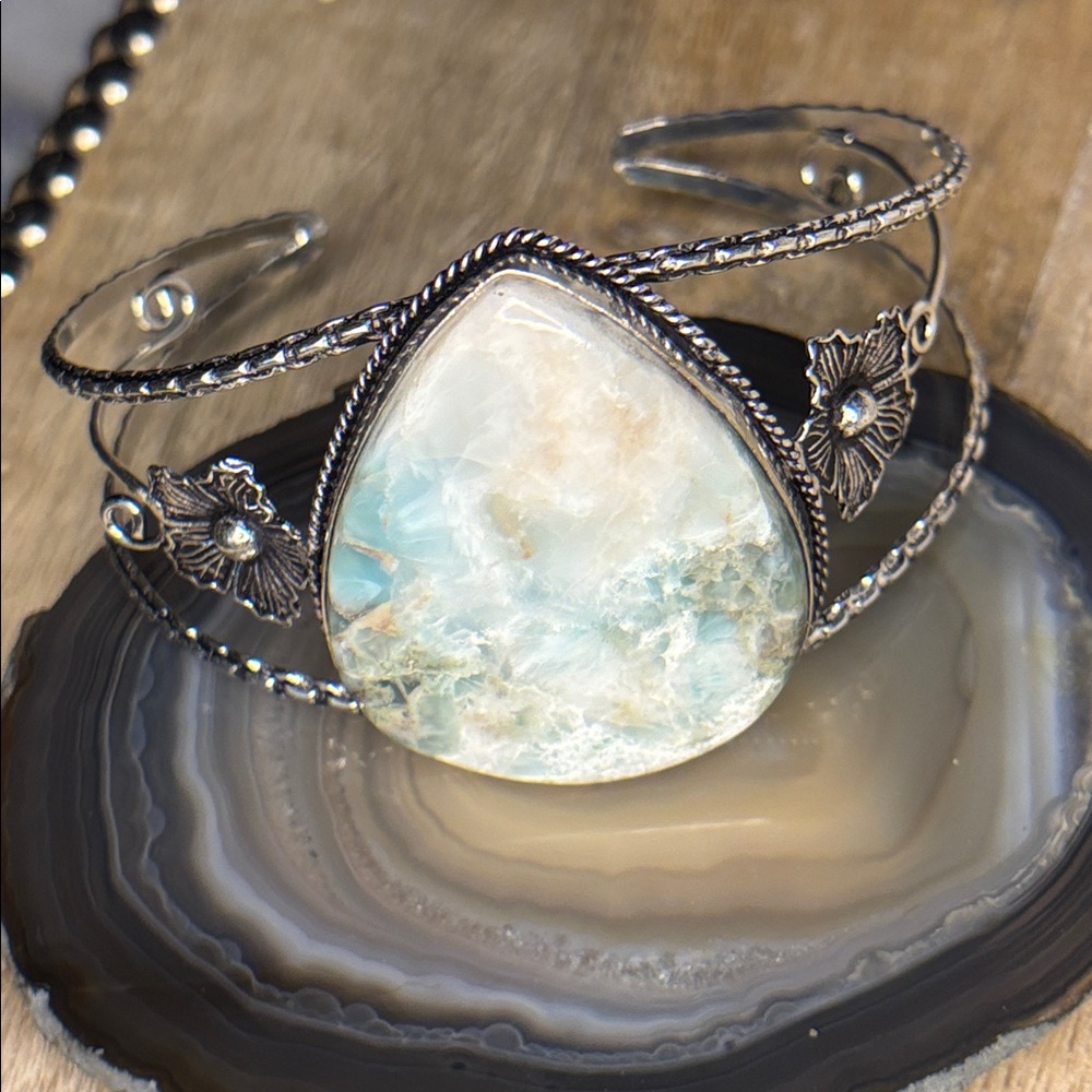 Silver Larimar Teardrop Cuff Bracelet - Aquamarine Blue